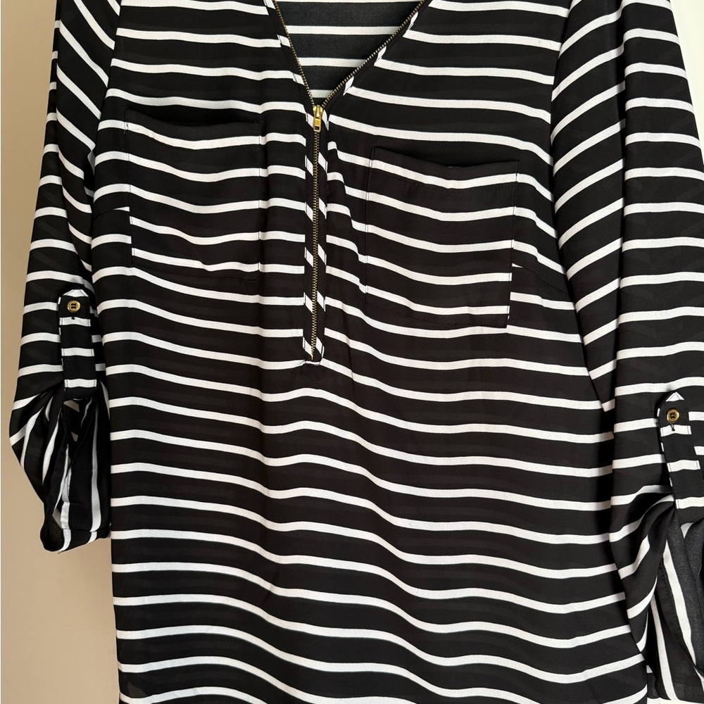 New Directions Black and White Striped Blouse